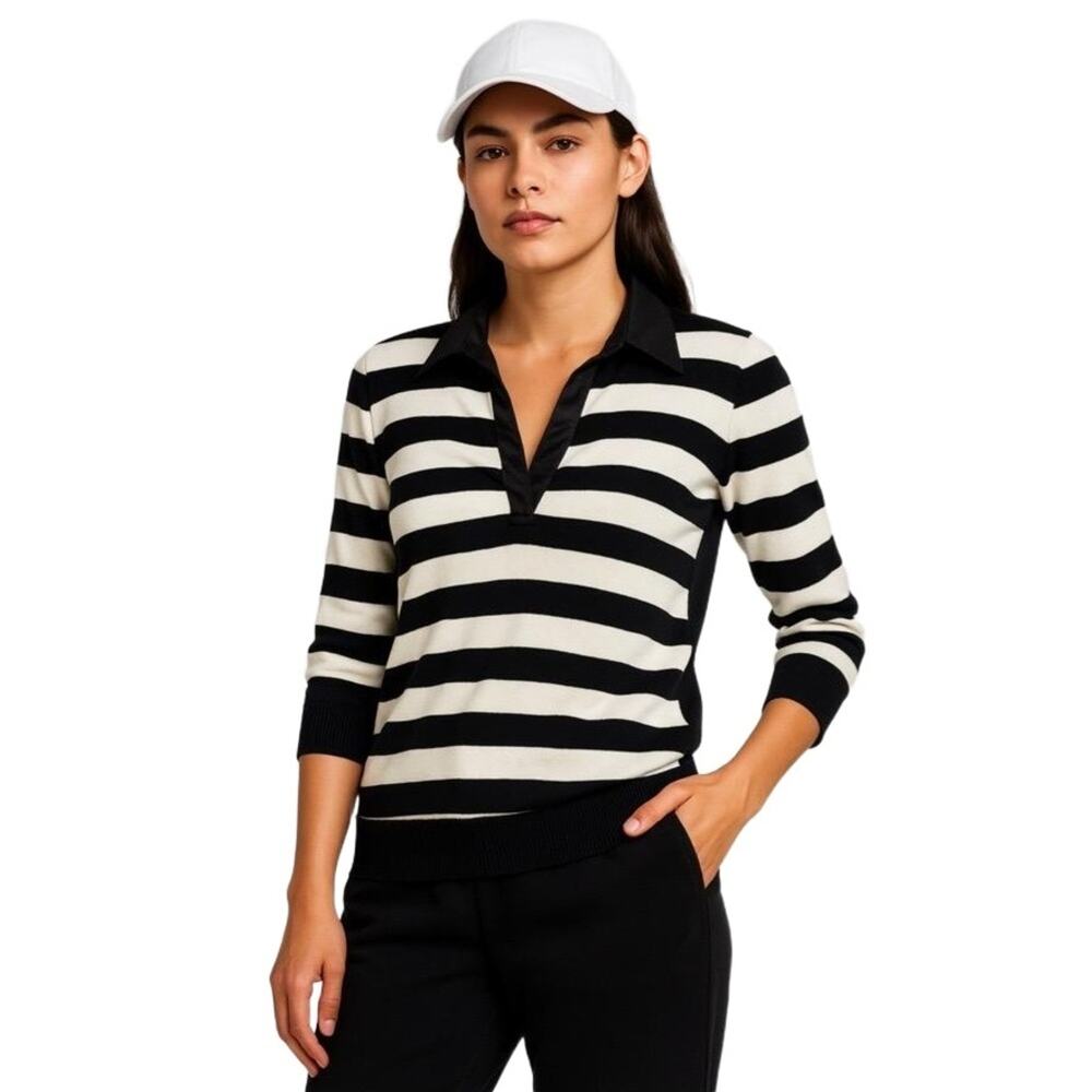 Converse One Star Black & White Striped‎ Knit Top with Satin Collar Skater M